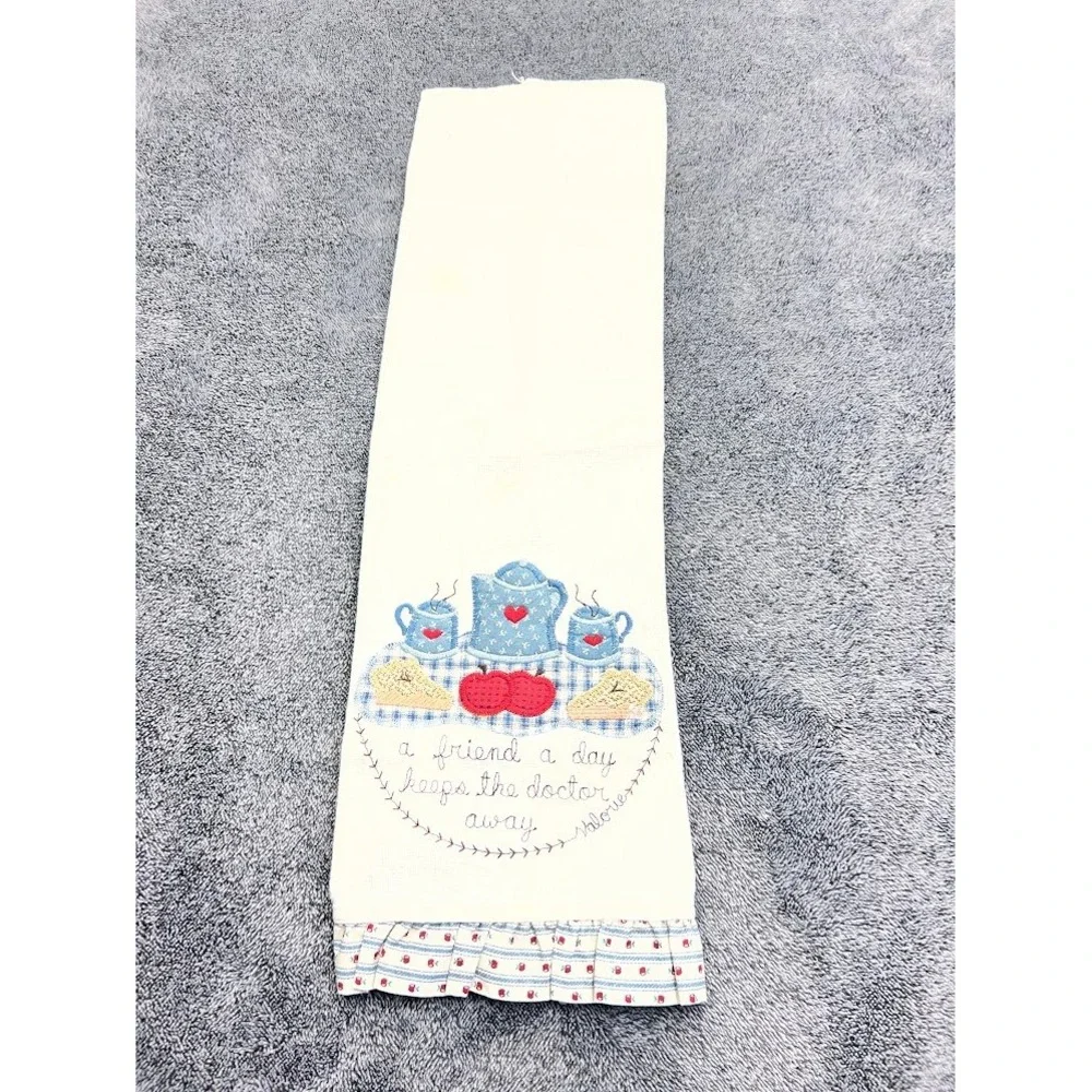 Vintage Valorie Embroidered Tea Time Kitchen Hand Towel Ruffle Hem Cream